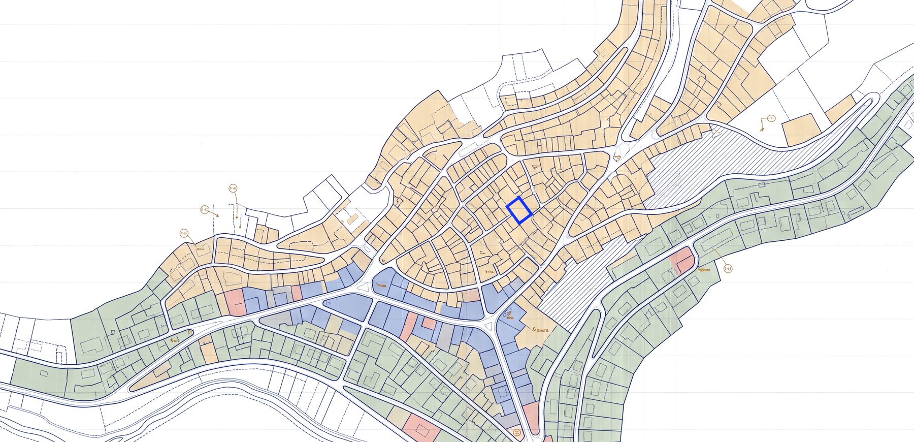 Ilustração de uma planta de ordenamento municipal: classes de espaço, parcelário e uma parcela destacada.